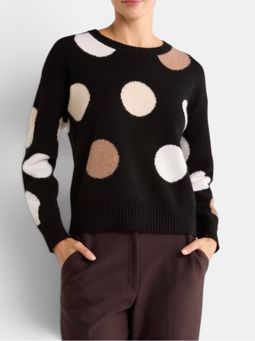 MAGASCHONI Cashmere Boxy Sweater Pullover Black Polka Dot White Camel size L